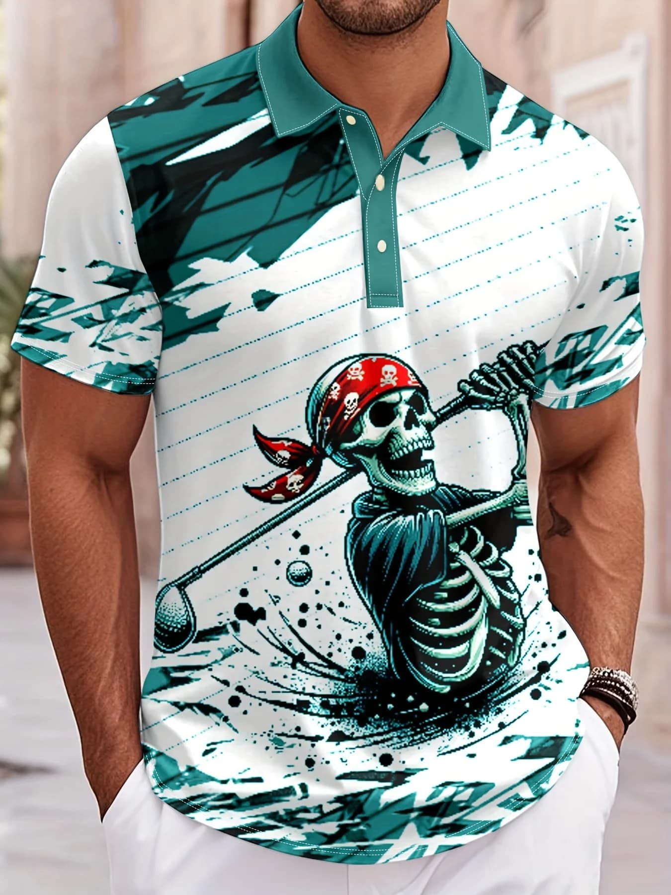 Polo da uomo con motivo teschio da golf T-shirt colorate fresche stampate in 3D T-shirt allentata a maniche corte da strada casual estiva T-shirt con risvolto