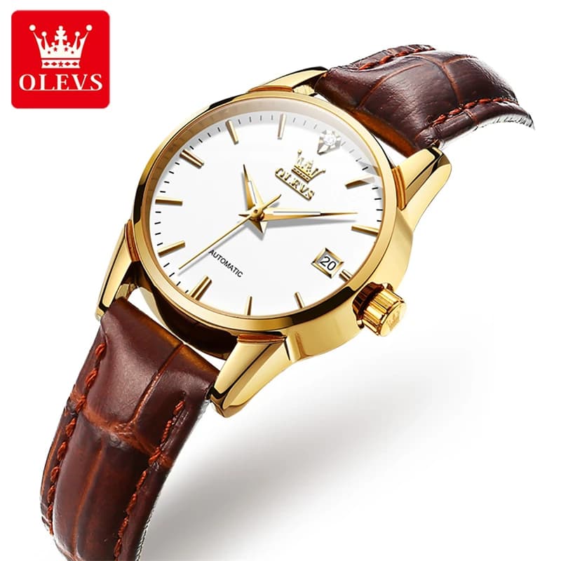 OLEVS Orologio meccanico da donna Cinturino in pelle moda Calendario impermeabile Orologi automatici da donna Orologio da polso di lusso delle migliori marche