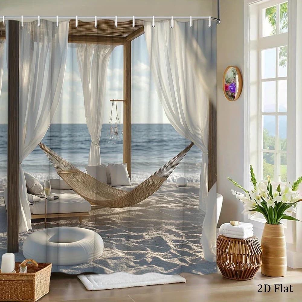 Ocean View Shower Curtain Beach Hammock Waterproof Fabric Bathroom Curtains Sea Sand Bath Screen Divider Home Decor With Hooks