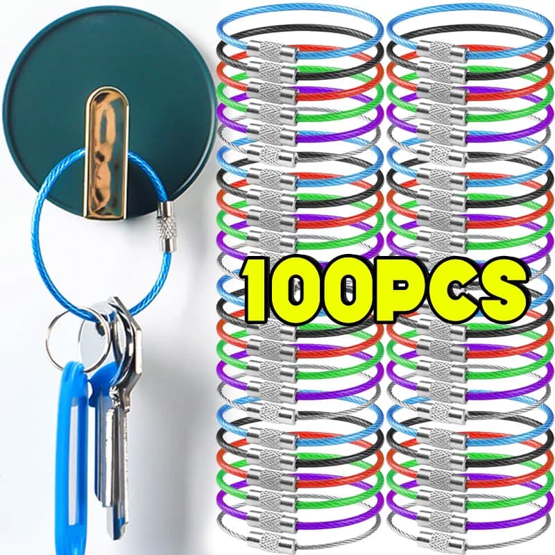 Stainless Steel Wire Keychain Ring Key Keyring Multiple Colors Circle Rope Cable Loop Outdoor Camp Luggage Tag Screw Lock Gadget