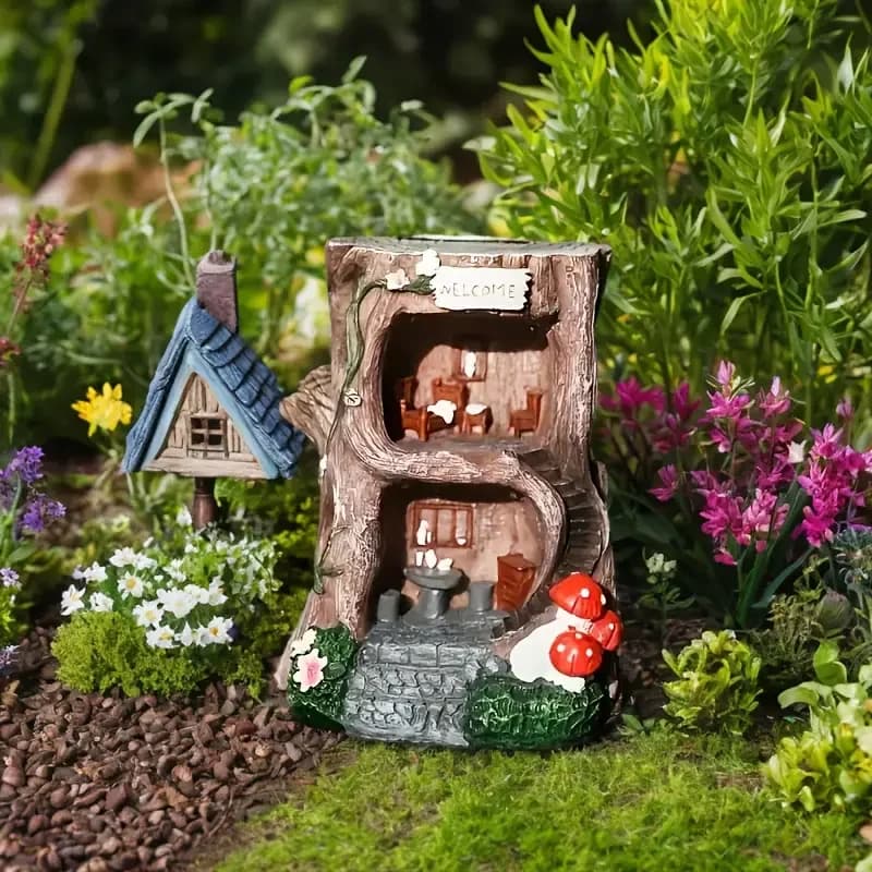 Custom Artistic Polyresin Lighted Tree Stump Fairy House Miniature Animal Pattern Handmade Hand-painted Home Figurine OutdoorPet