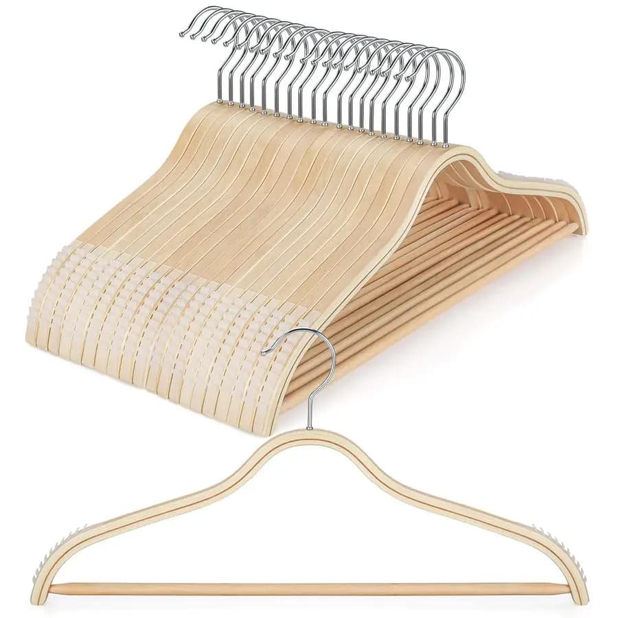 Elegant Wood Clothes Hanger with Rubber Anti-slip Grips, Strapless Sweater Hooks, Lightweight Clothes, Pack of 20, 360° Swivel