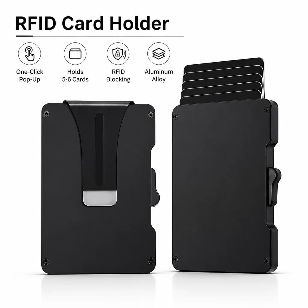 RFID Blocking Card Holder with One-Click Pop-Up, Aluminum Alloy Money Clip Wallet, Slim Card Case Holds 5-6 Cards, Men Women