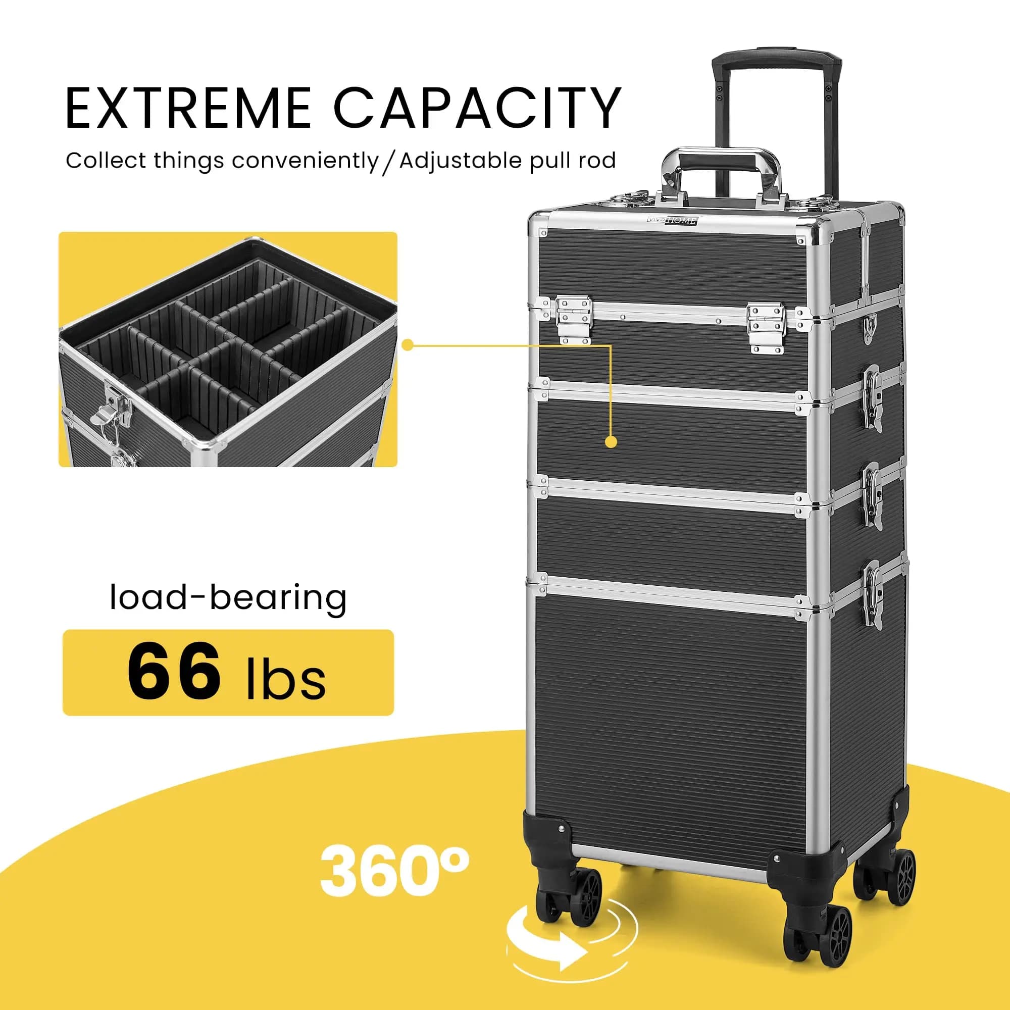 Trolley per trucco con carrello per cosmetici in alluminio professionale 4 in 1, custodia per cosmetologia su ruote, scatola per trucco rosa