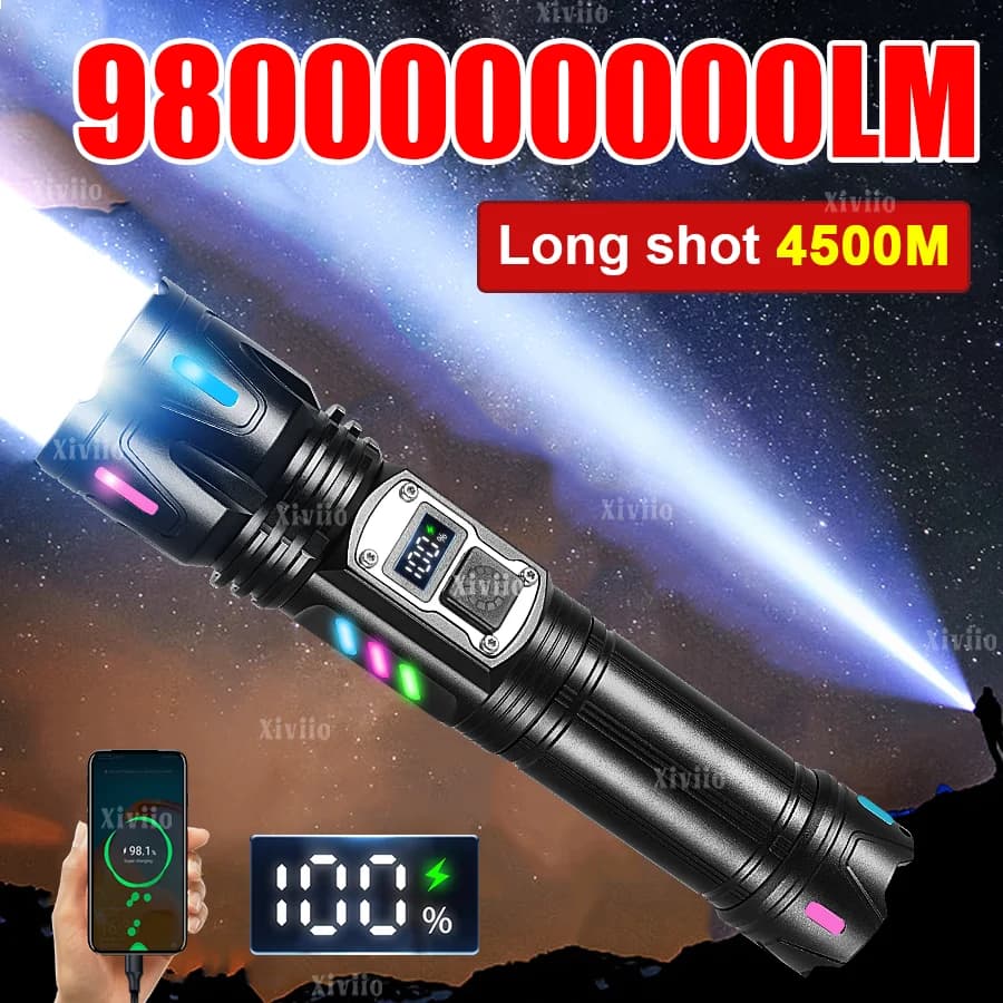 Torcia LED Super Luminosa 98000000LM, Torce LED Ricaricabili, Lanterna Tattica a Lungo Raggio 4500M, Luci da Pesca Impermeabili