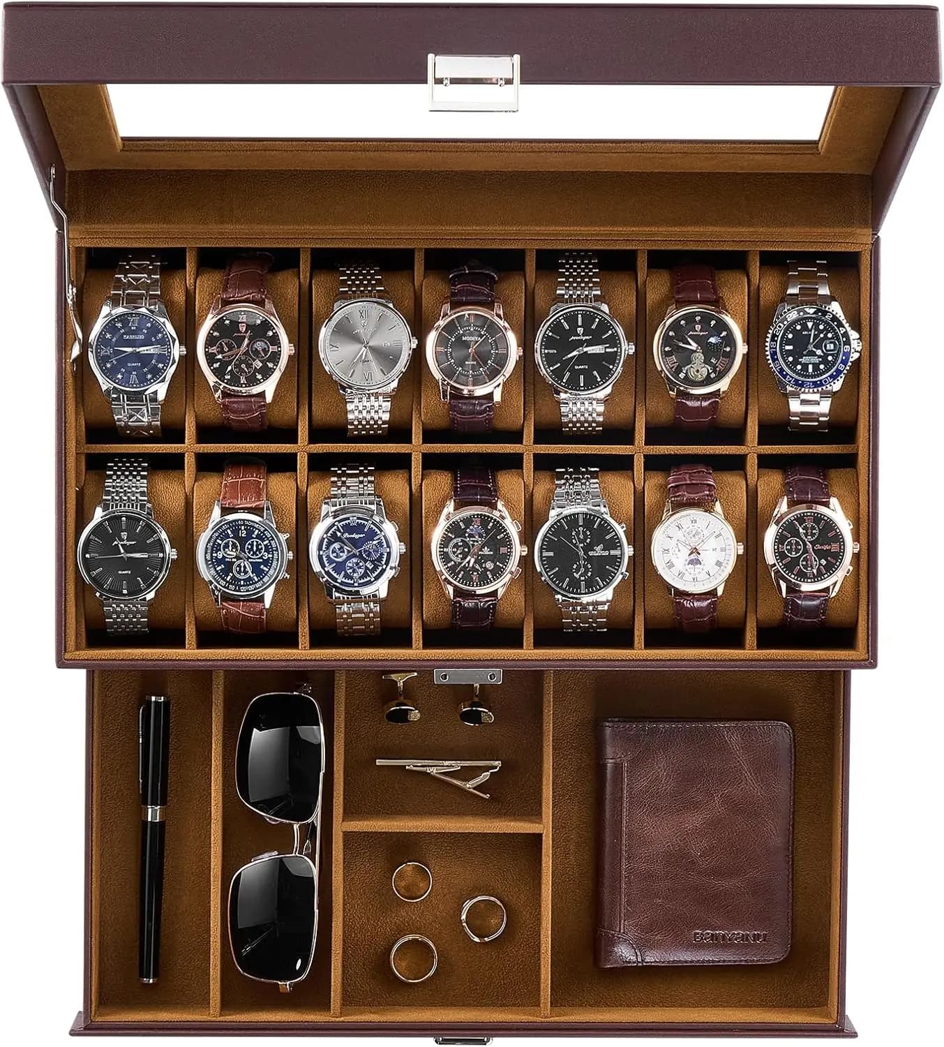 Scatola Porta Orologi a 14 Scomparti con Cassetto, Espositore per Orologi a 2 Livelli con Coperchio in Vetro, Organizzatore in Pelle PU per Uomo, Regalo per