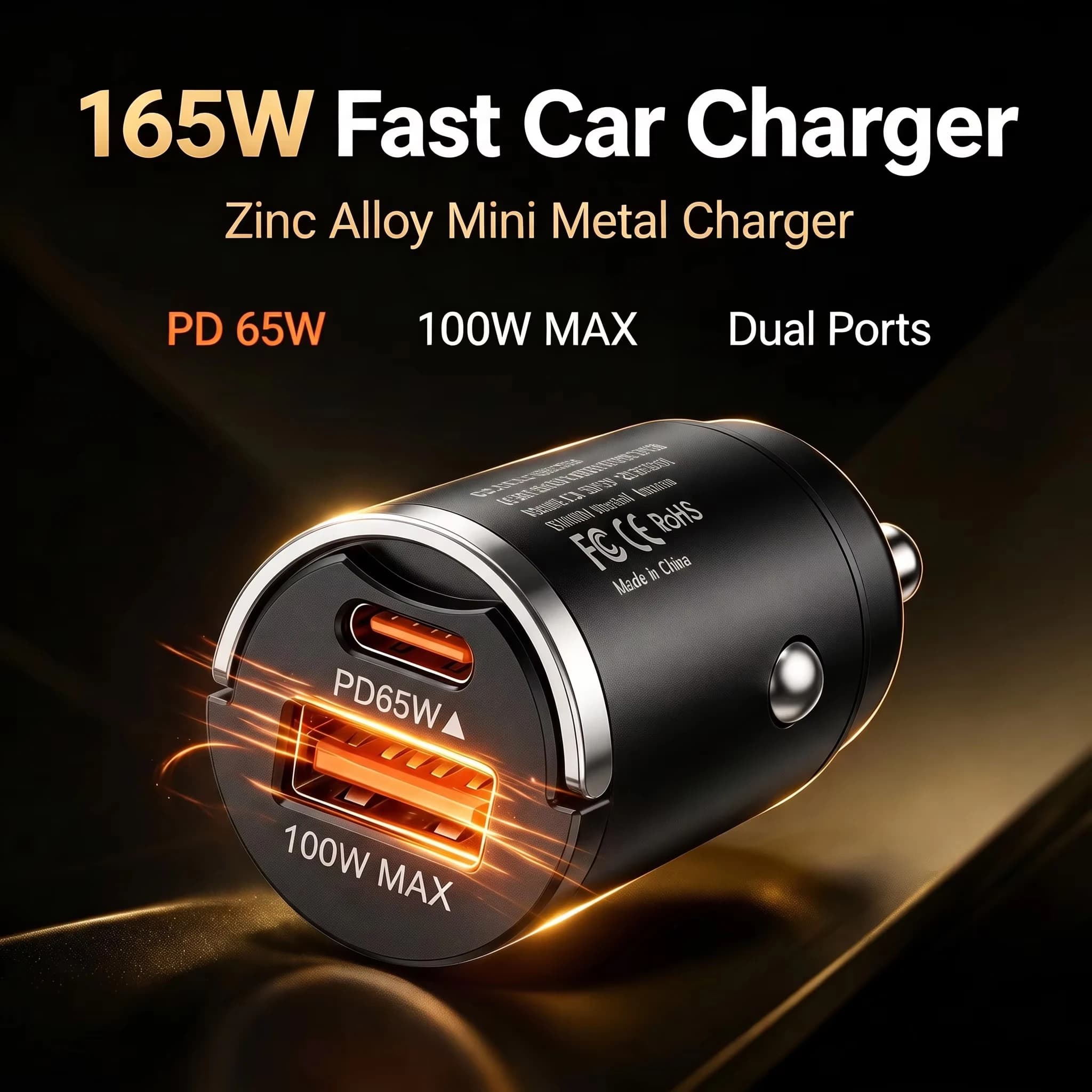 165W Travel Car Charger PD 65W USB C and 100W USB A Charging for Cars Trucks SUVs and Travel Heat Resistant Zinc Alloy Body