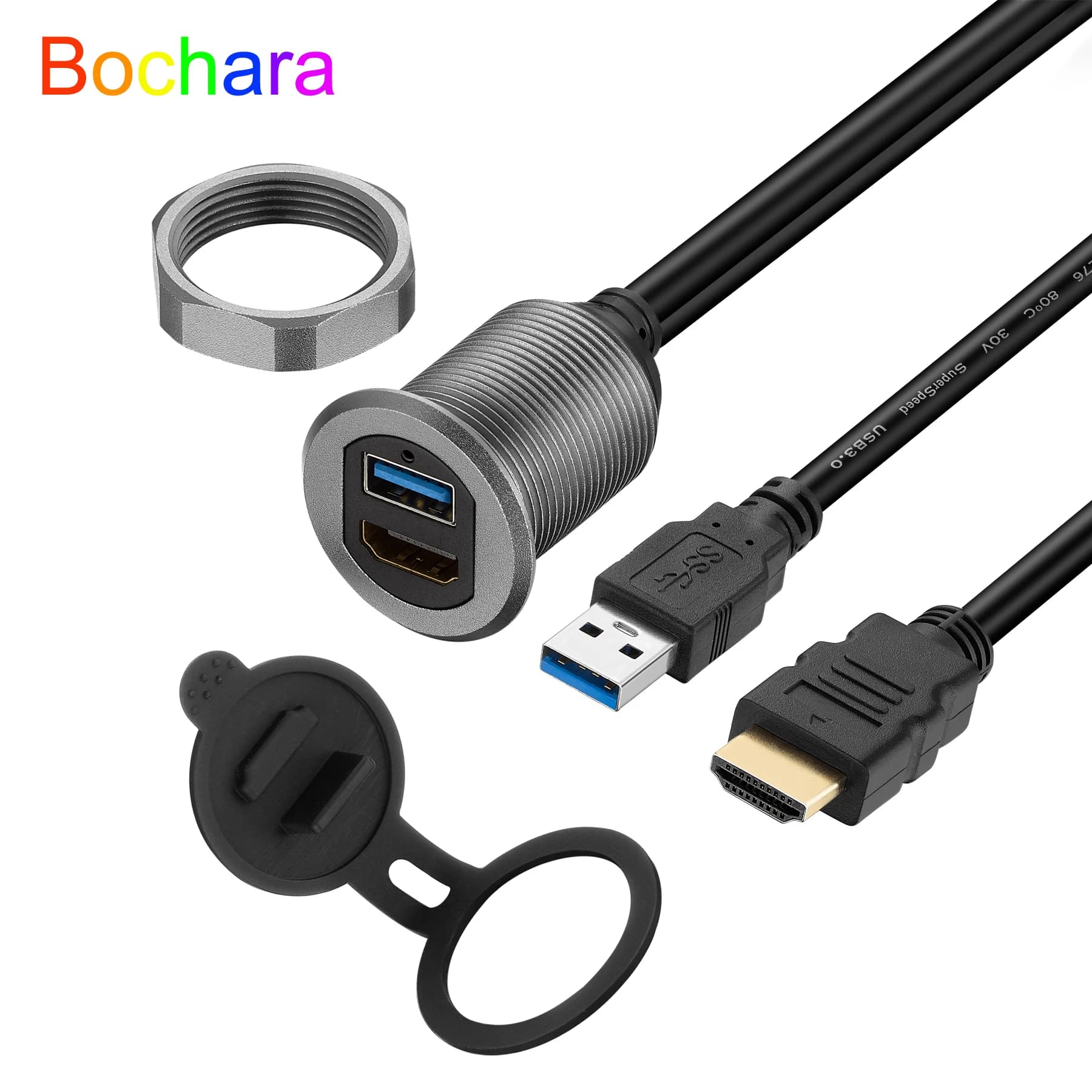 Bochara USB 3.0 + cavo di prolunga 4K @ 60Hz compatibile con HDMI pannello di montaggio a incasso per cruscotto maschio-femmina per auto 1m