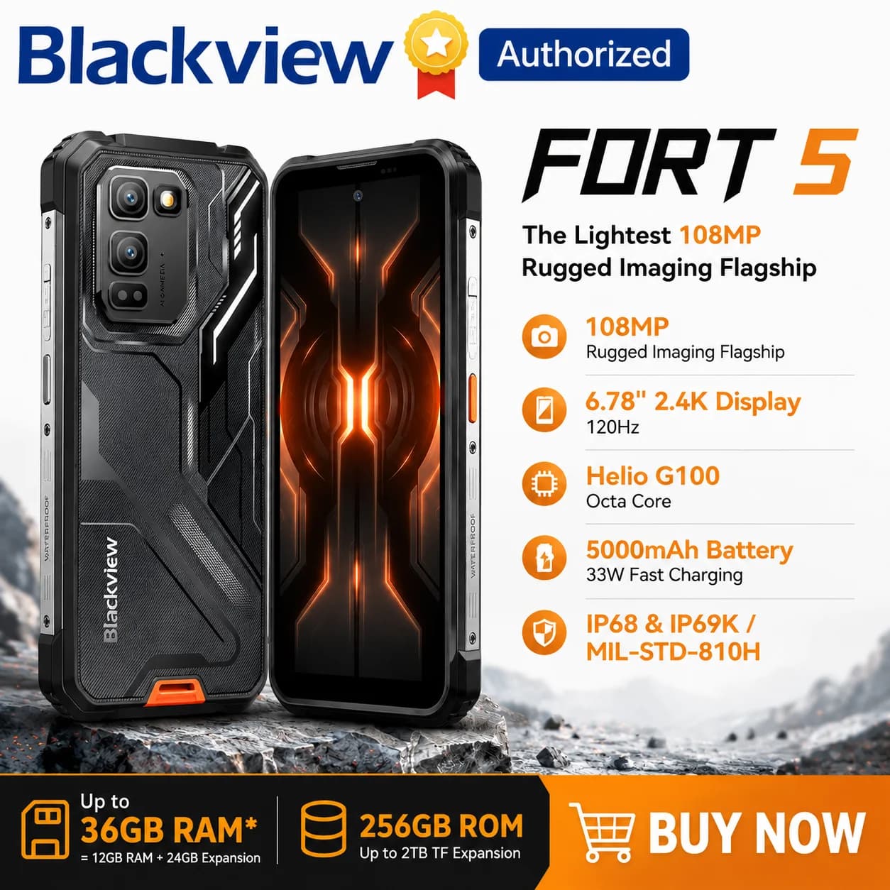 Blackview FORT 5 Smartphone Robusto, Display 6.78'' 2.4K 120Hz, Batteria 5000mAh, 12GB+256GB, Fotocamera 108MP, Android 16, NFC, Telefono Cellulare