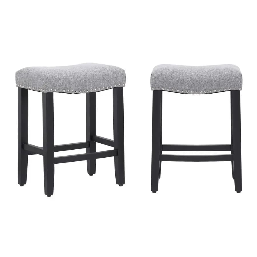 Set of 2 Black Bar Stools Height Bench, 24 Inch, Modern Style Farmhouse, Wood Saddle Chair, Flaxed Pillow with Solid Base