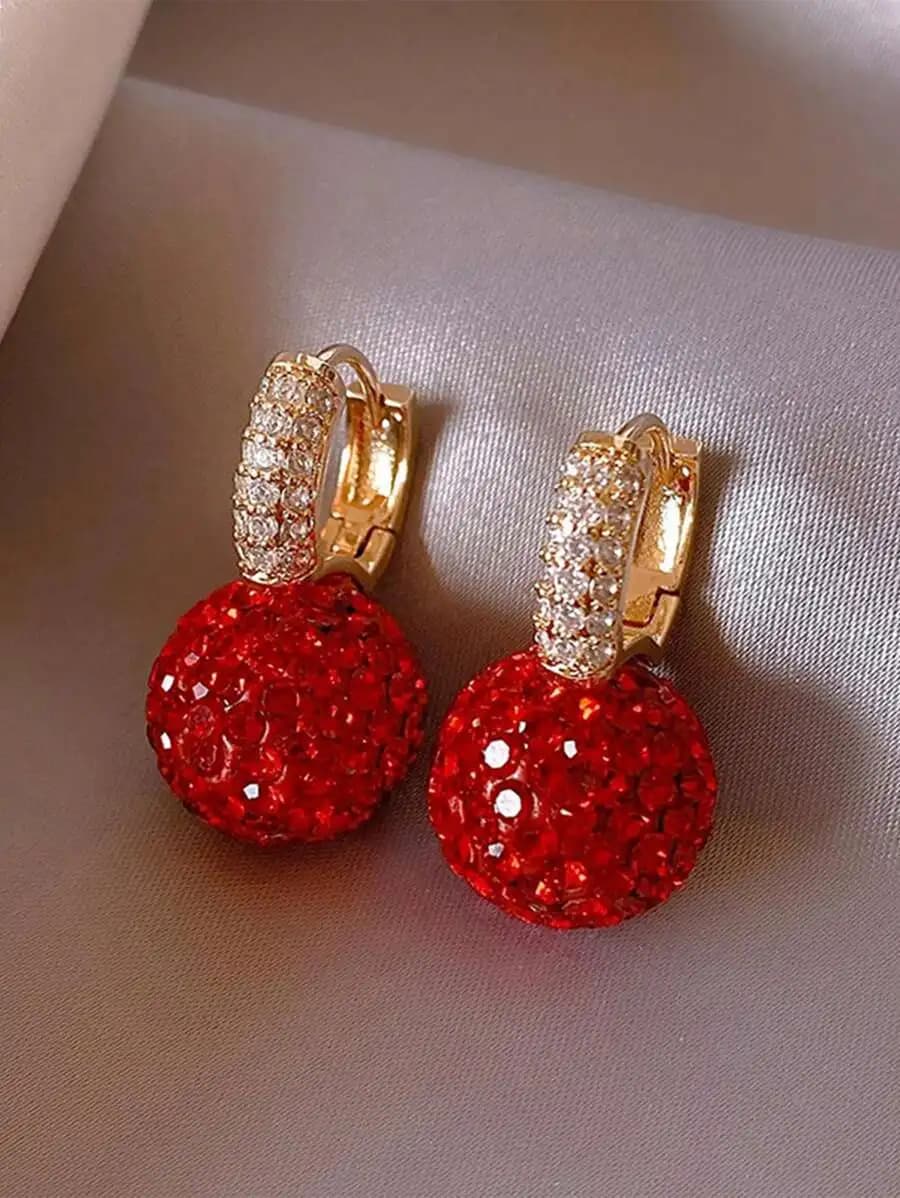 1 Pair Elegant Rhinestone Red Ball Pendant Earrings For Women