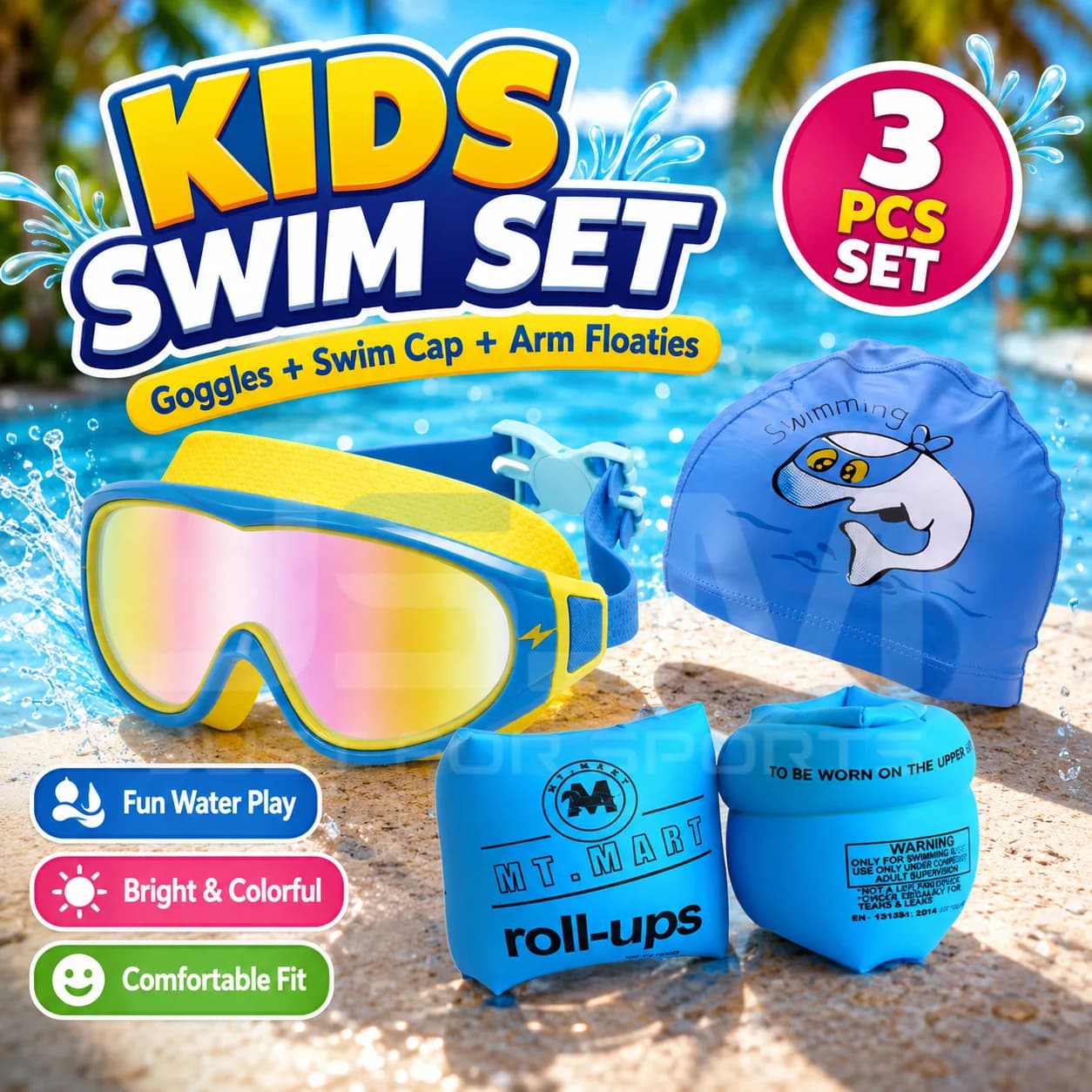 JSJM New Kids Swimming Set 3PCS Swim Goggles Cap Arm Floaties Anti-Fog Waterproof Adjustable Pool Beach Swim Gear for Boys Girls