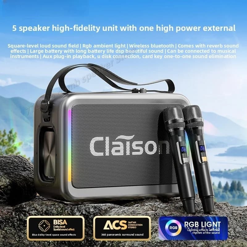 Macchina all-in-one per karaoke multifunzionale portatile da esterno Altoparlante Bluetooth doppio microfono wireless Chip DSP Effetto luce RGB