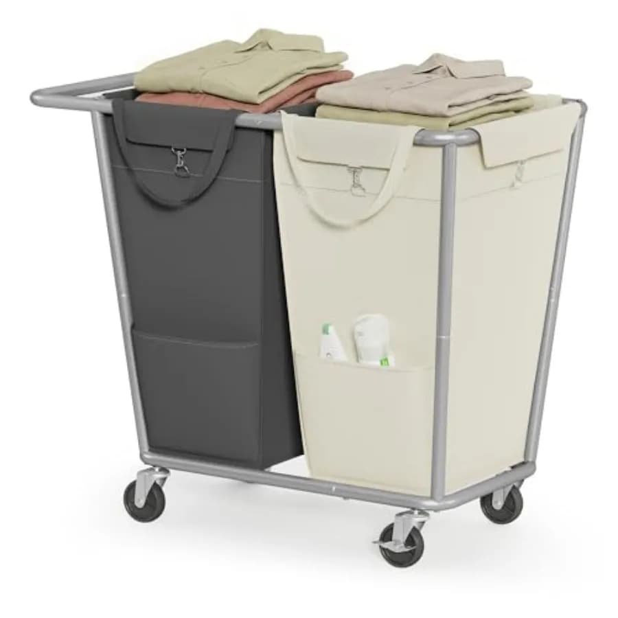 Cesto per Bucato con Ruote, Cesto Portabiancheria a 2 Scomparti, 190 L (50,2 Galloni) con Sacchi Rimovibili, in Acciaio Resistente