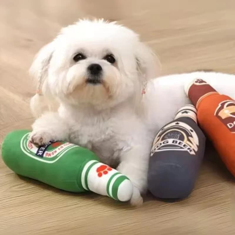Squeaky Beer Bottle Dog Toy Plush Interactive Chew Toy Bite Resistant Teeth Cleaning Pet Toy For Small Medium Dogs