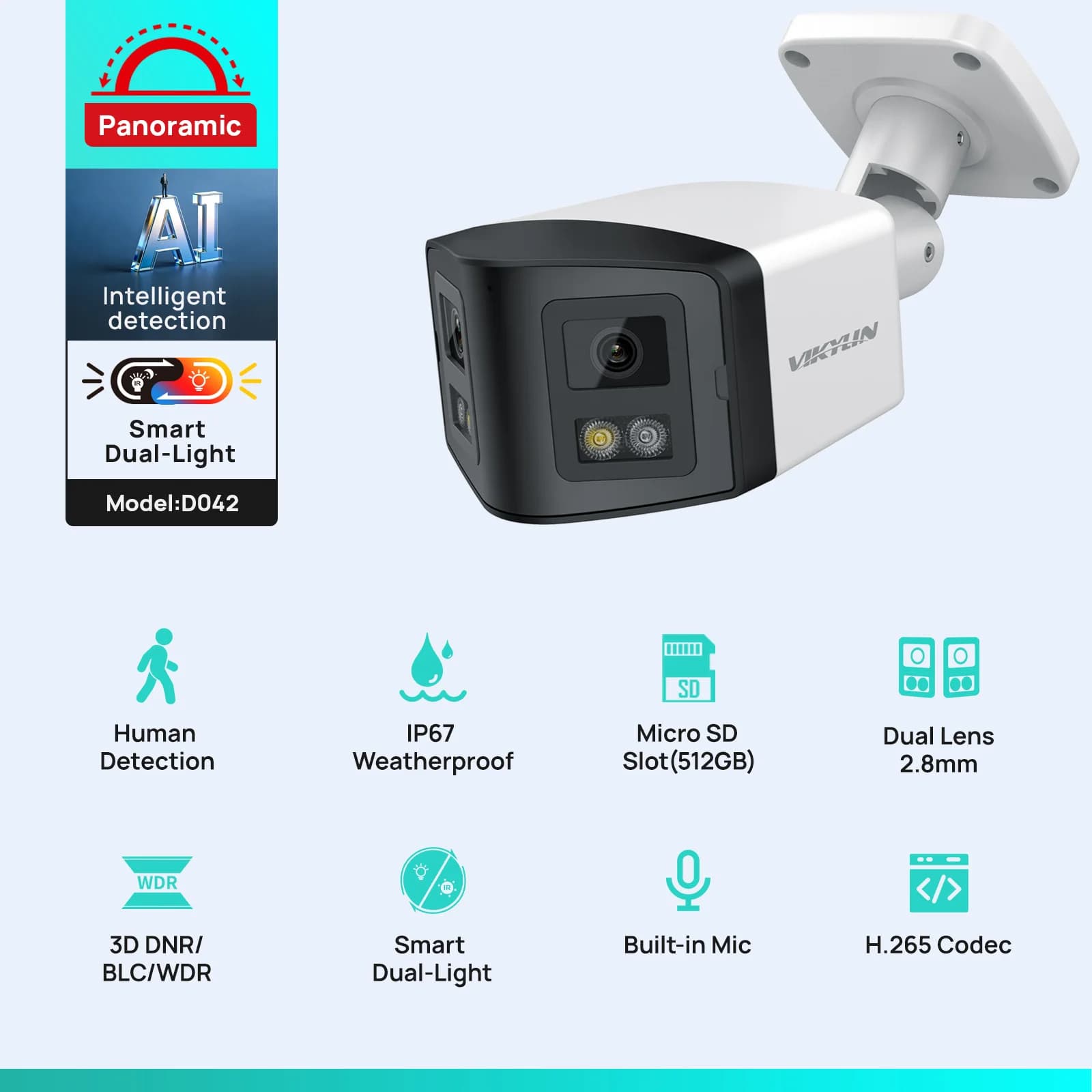 VIKYLIN 170° Panoramic Security IP Camera Smart Dual Light 4MP Dual Lens IP Camera CCTV Outdoor Surveillance with POE Onvif IP67 Outdoor surveillance camera