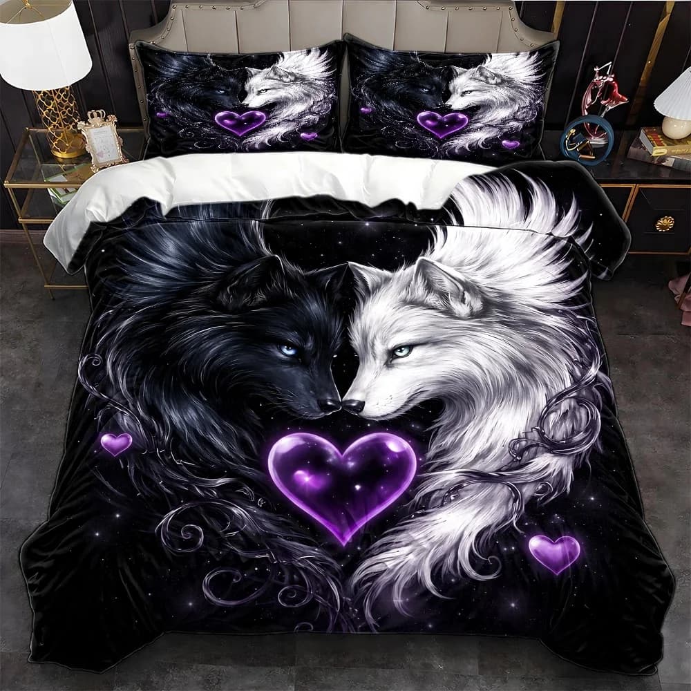 3Pc Hot-Selling Black and White Double Wolf Heart Print Duvet Cover Set, Three-Piece Bedding Set (1*Duvet Cover + 2*Pillowcases), Suitable for All Seasons, Machine Washable, Includes Invisible Zipper Double Bed Cover, Suitable for Home, Dormitory, Master Bedroom, Guest Room, Dreamy Starry Animal Pattern Bedding Set, Large Duvet Cover Set Suitable for Multiple Settings, Personalized Trendy Bedding Enhances Sleep Ambiance, Soft Skin-Friendly Fabric Creates a Comfortable Sleeping Space, Popular Bedroom Decoration Bedding Set