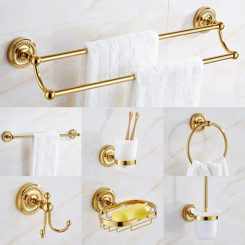 Set di accessori da bagno di lusso in ottone dorato, gancio per accappatoio, portarotolo, portasciugamani, portasciugamani, set da bagno, portasciugamani dorato, portasapone