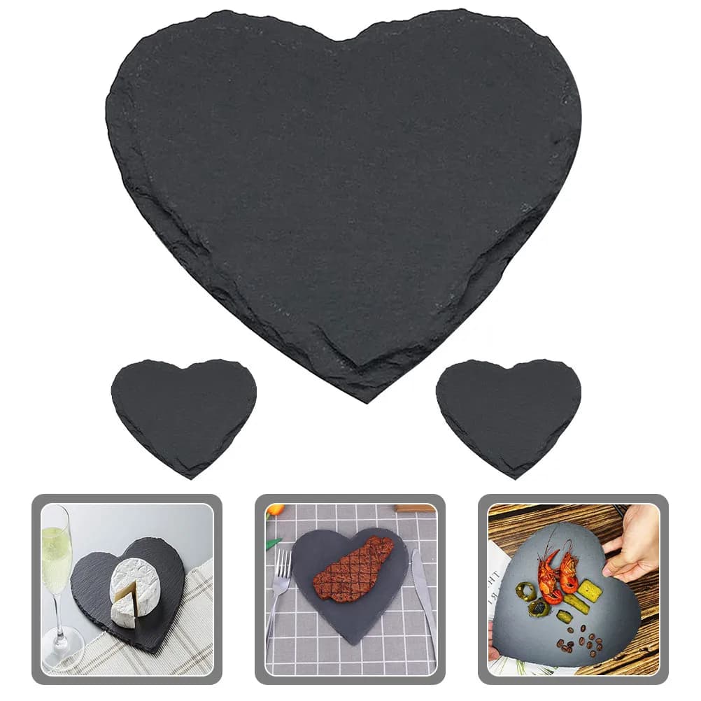 Set di 3 Eleganti Piatti a Forma di Cuore in Pietra Naturale, Vassoi Rustici per Dessert, Pizza, Bistecca, Sushi, Pasta e Colazione