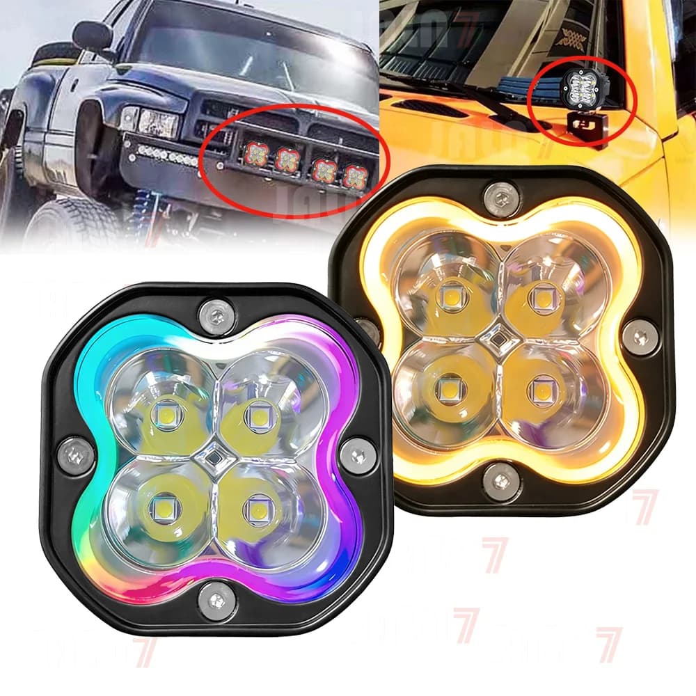 Faro a LED JALN7 da 3 pollici, faretto per moto, fuoristrada, con alone RGB, luce fendinebbia gialla, luce di guida 4x4, lampeggiante, 12V 24V
