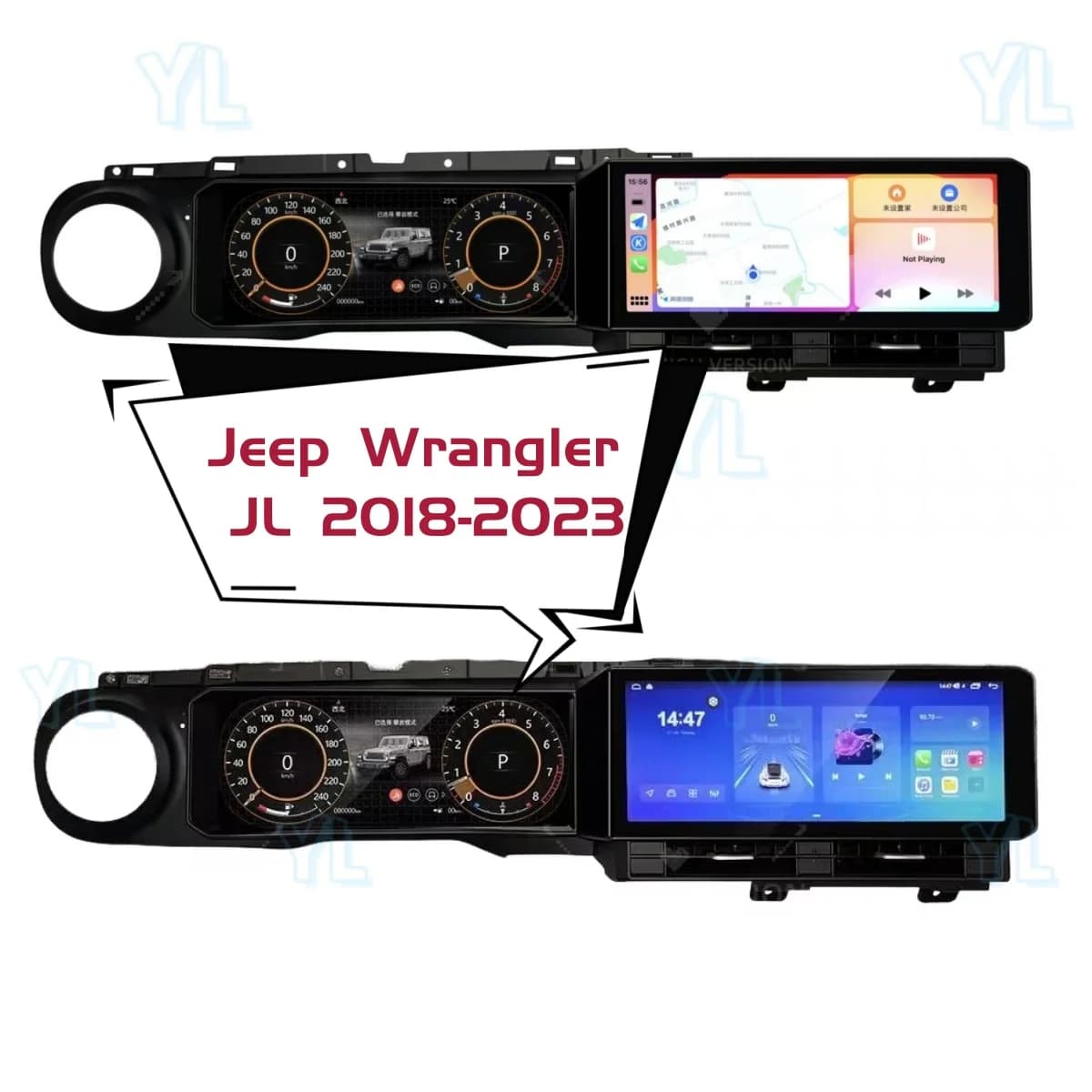 YLL New Upgrade Dual 12.3inch Screen Android Multimedia Radio Dashboard Digital Cluster Carplay For Jeep Wrangler JL 2018-2023