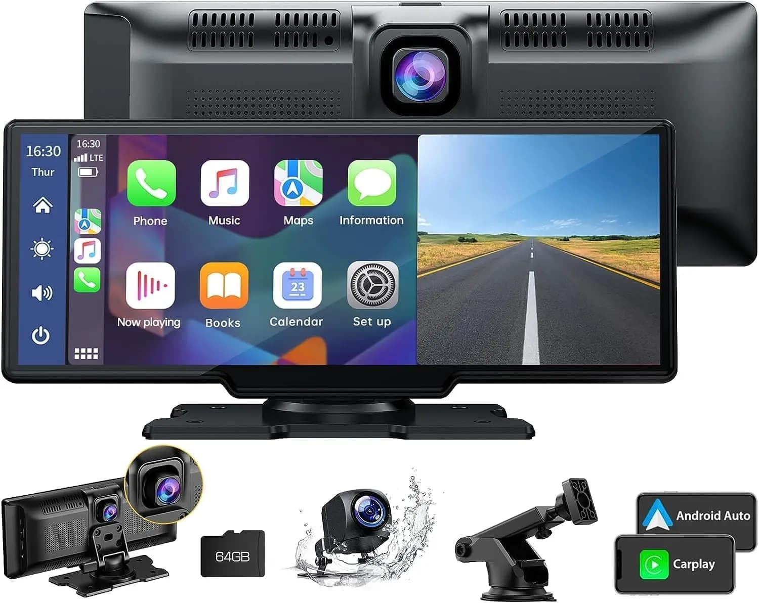Dash Cam wireless CarPlay and Android Auto 2.5K + 1080P backup camera, portable GPS navigation with Bluetooth, AirPlay, FM, Google