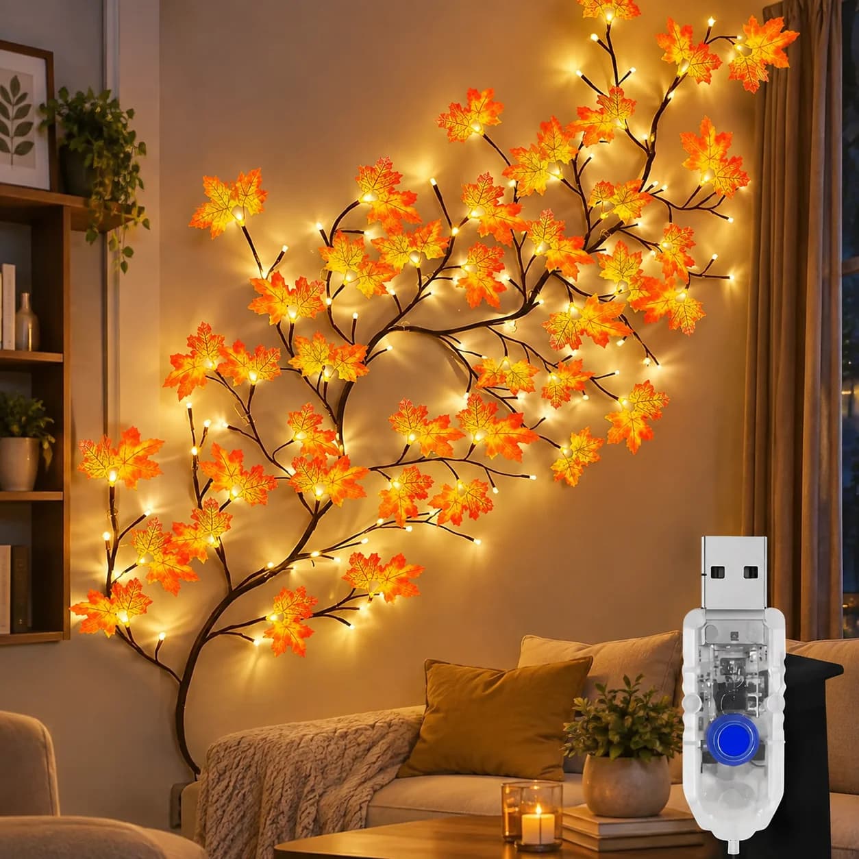 DIY Magic Floral Chandelier Willow Vine Lamp USB Powered 8Modes Maple Leaf Rose Night Light for Home Wall Bedroom Festival Party