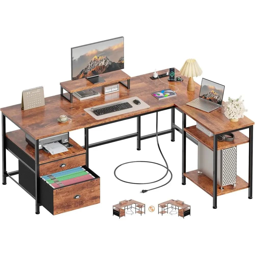 Scrivania a L Rustica Marrone con Presa di Corrente, Reversibile per Ufficio Domestico, Tavolo da Gaming, Supporto Monitor, Scaffali Portaoggetti