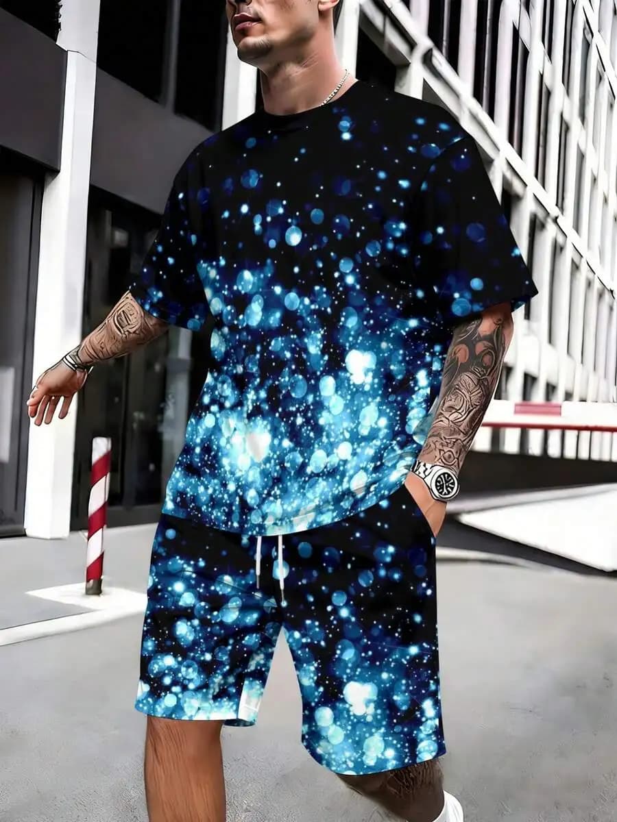 Set di t-shirt e pantaloncini da uomo con stampa blu chiaro, casual, streetwear estivo