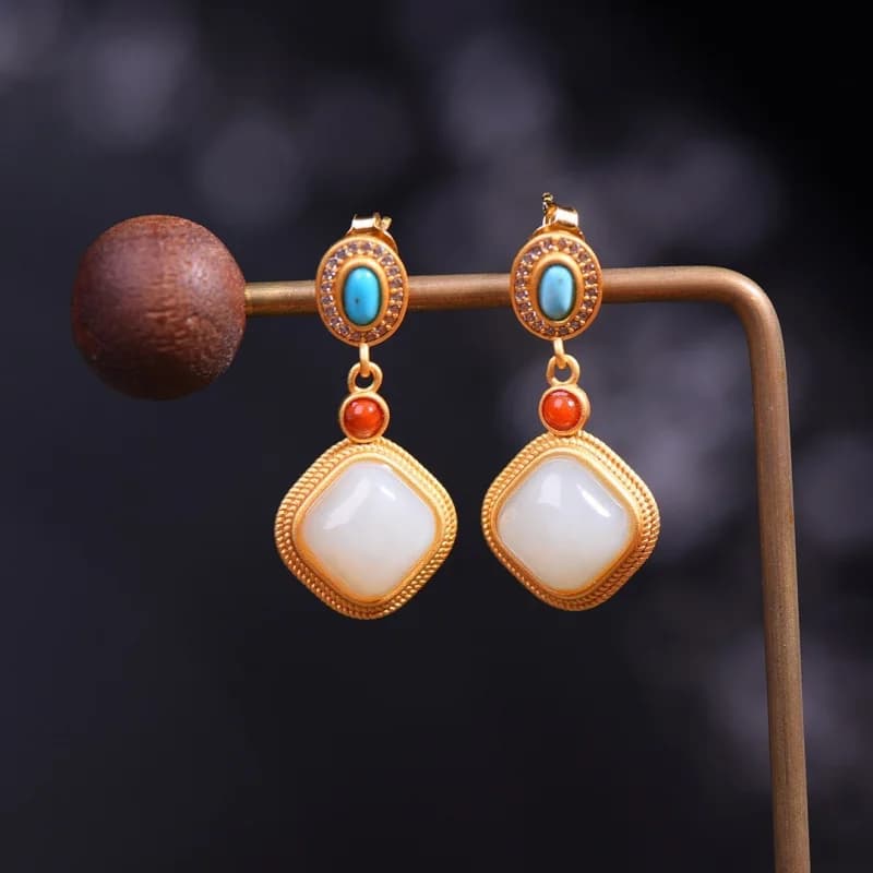 S925 Silver Inlay Hetian Jade Drum Embellished Turquoise South Red Gilding Shaped Earrings