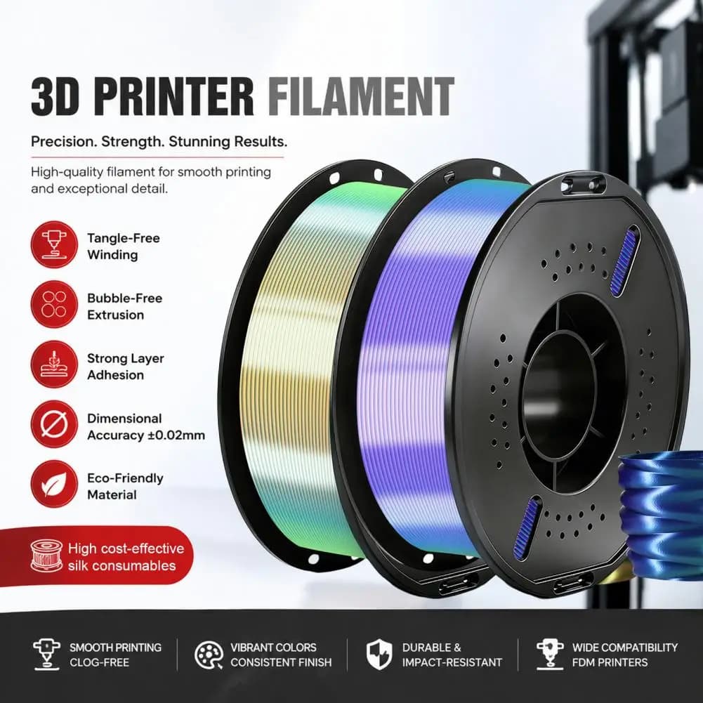 Three-Color Gradient Silk PLA Filament 1.75mm 1Kg Spool Shiny Multicolor 3D Printer Filament for DIY Printing Figurines Crafts
