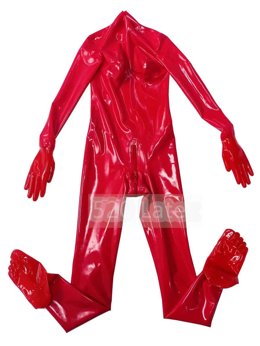 Catsuit completo da donna sexy in lattice naturale con tute da donna con seno 3D con guanti e calzini con dita dei piedi Cerniera sul cavallo posteriore sul davanti