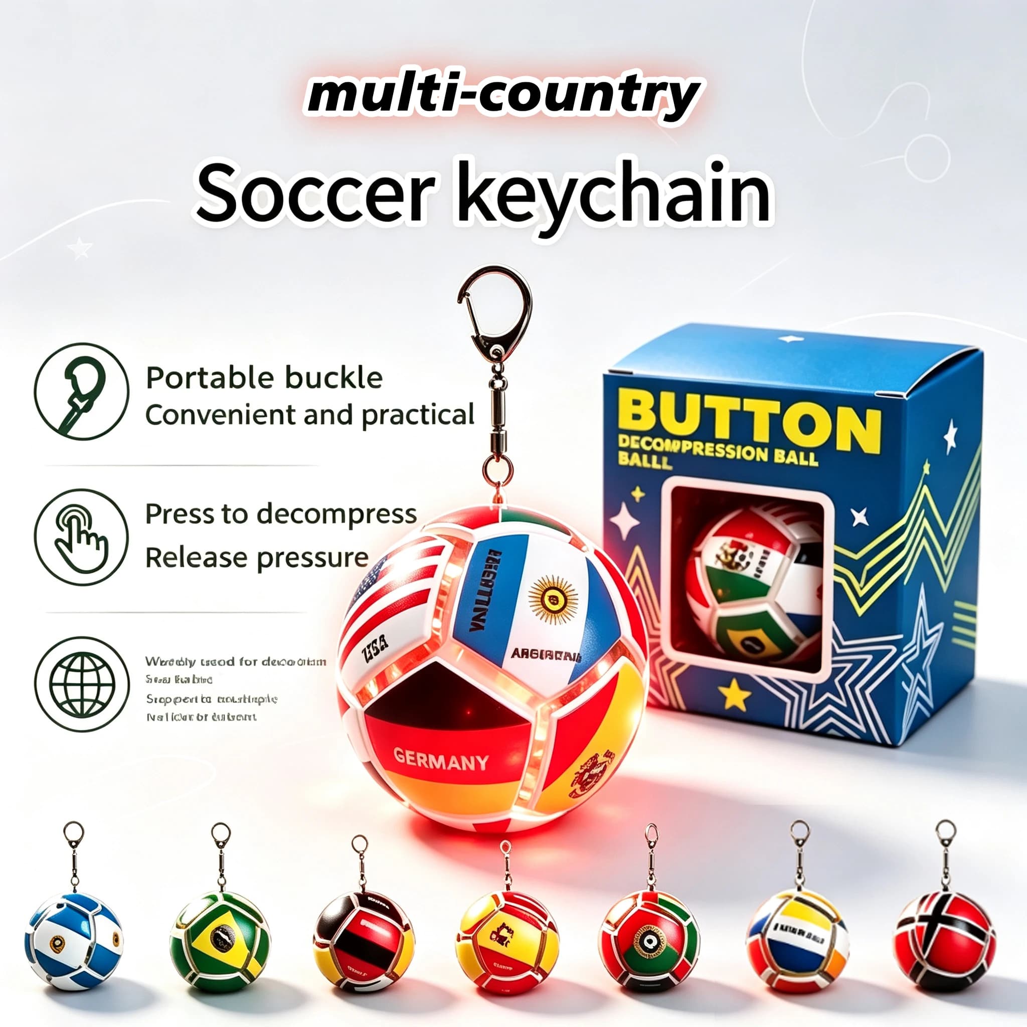 Light-Up Soccer Stress Relief Keychain with Tap Activation, National Flag Souvenir Pendant, Portable Fidget Toy for Football Fan