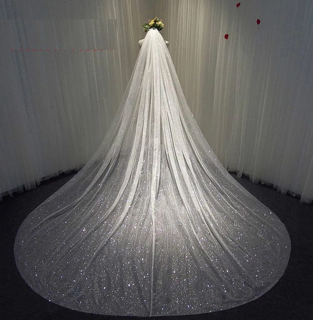 Veli da sposa scintillanti bianchi champagne lunghi a cattedrale con pettine, velo da sposa a un livello 350 cm