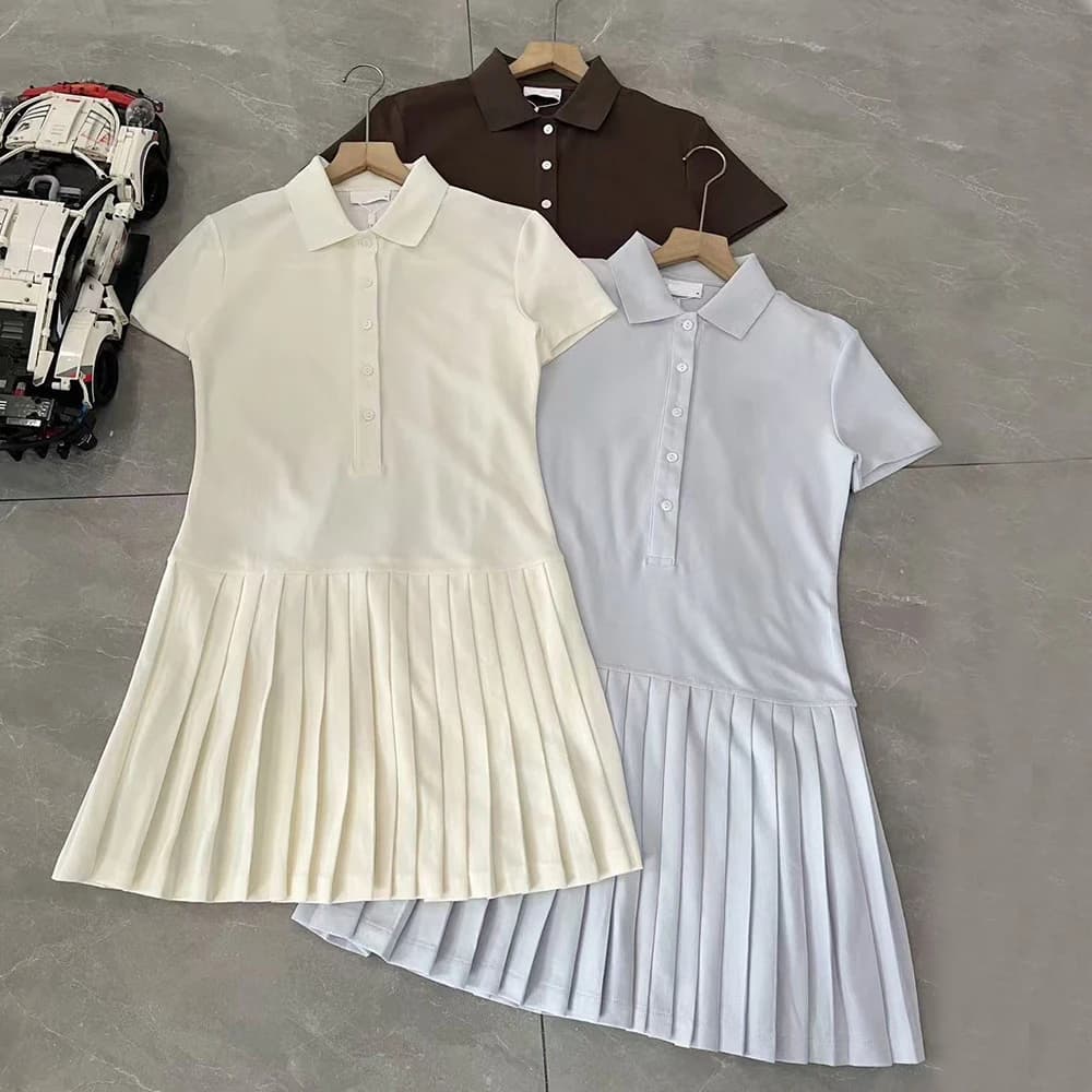Summer New Fashion Ladies Collar Short Sleeve Tennis Dress Casual Style Pleated Skirt Single Button Closure Slim Fit