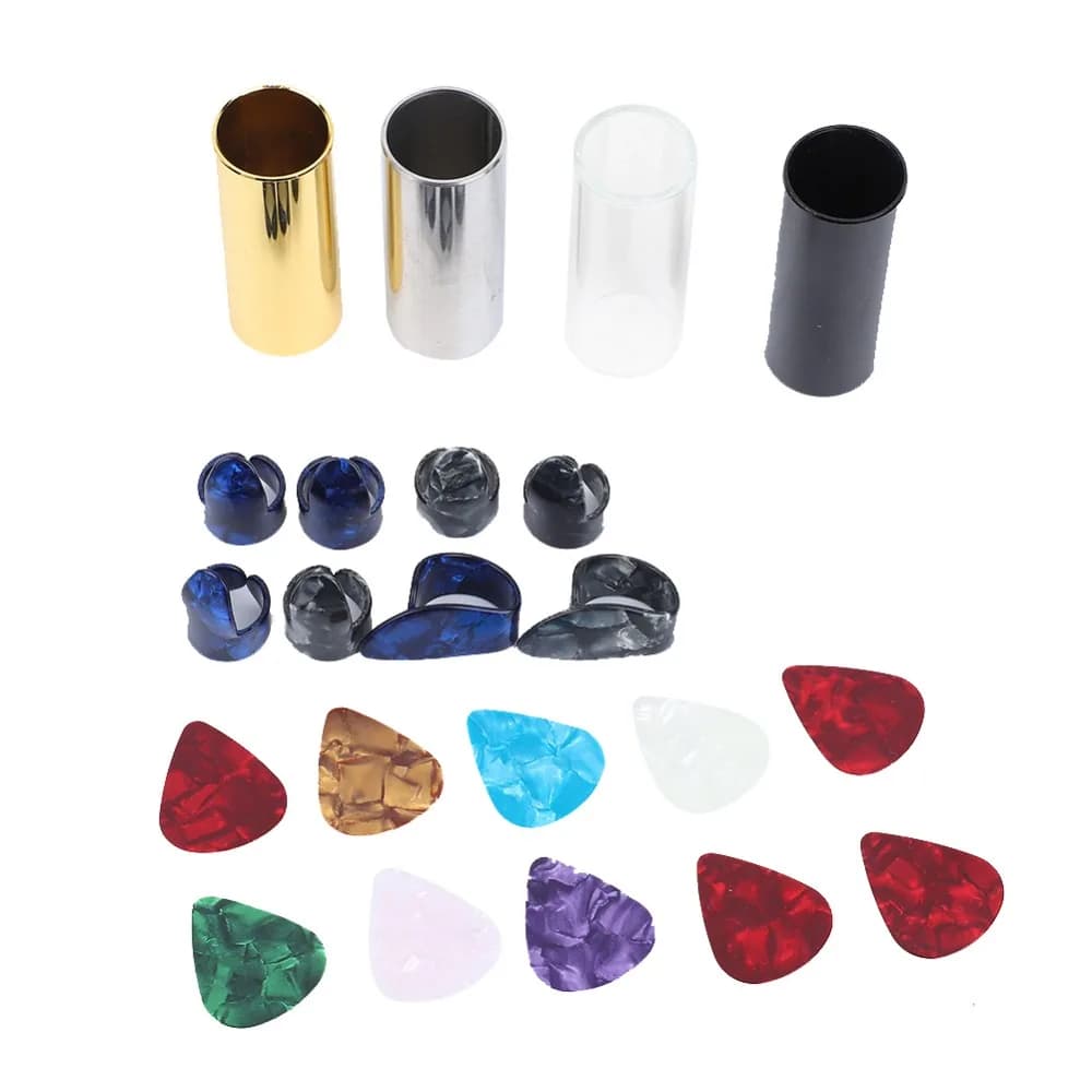 10 Celluloid Picks ​Guitar Accessories Kit​ ​8 Finger Cots ​Iron Box ​Guitar Slide​ ​4 Guitar Slides​ ​Guitar Pick​