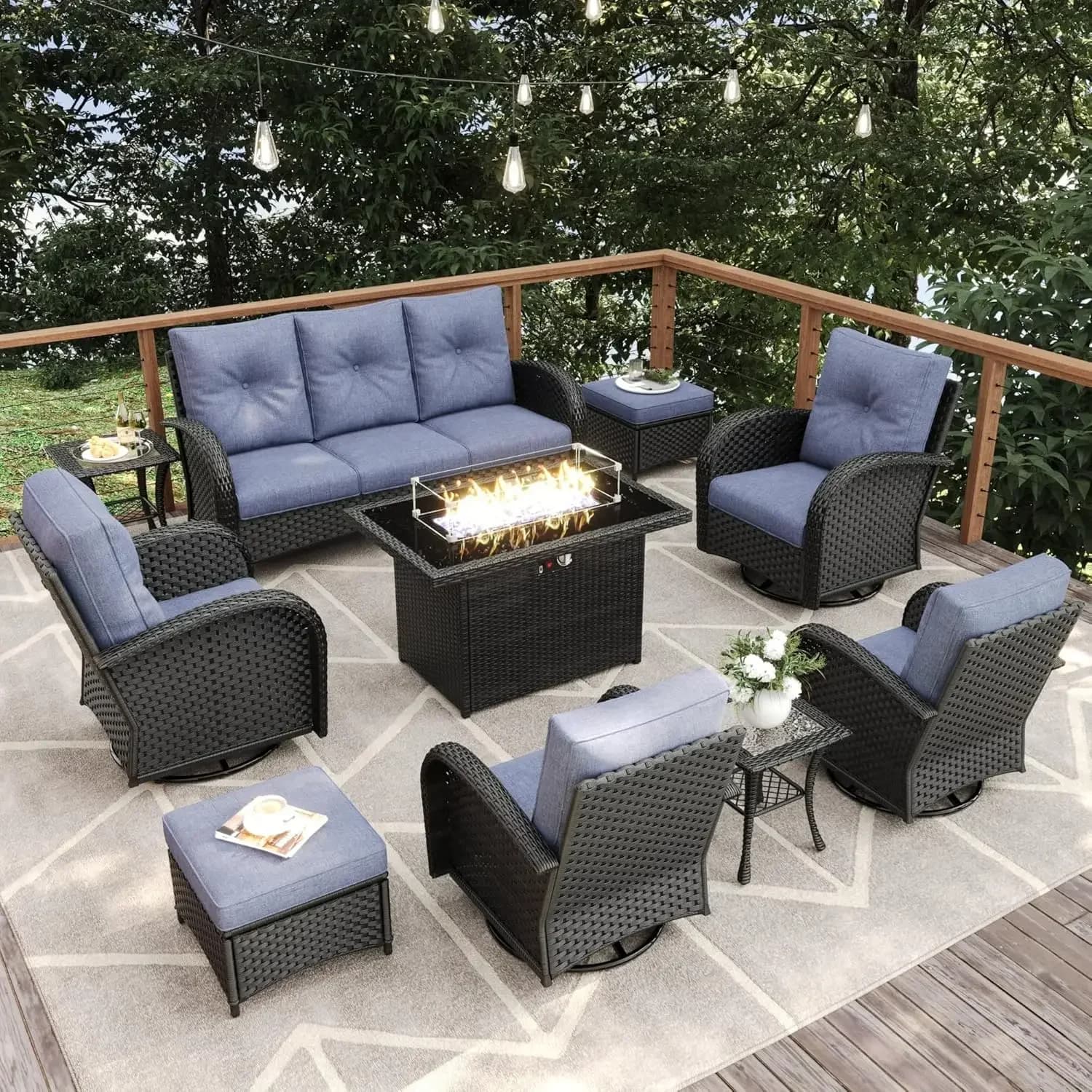 Vendite caldeSet di mobili da giardino da 10 pezzi con tavolo per braciere, set di sedie a dondolo girevoli per esterni con schienale alto in rattan di vimini con 3 se