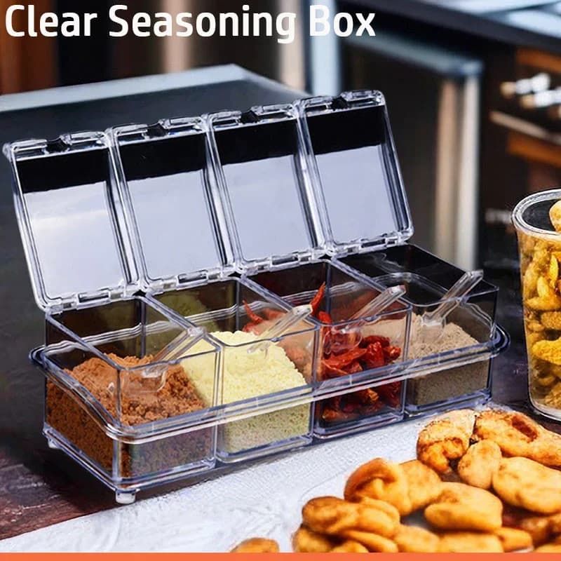 Set di scatole per condimenti trasparenti da cucina Scatole portaoggetti per organizer Spezie Barattolo per condimenti Bottiglia di sale per zucchero con cucchiaio Accessori da cucina
