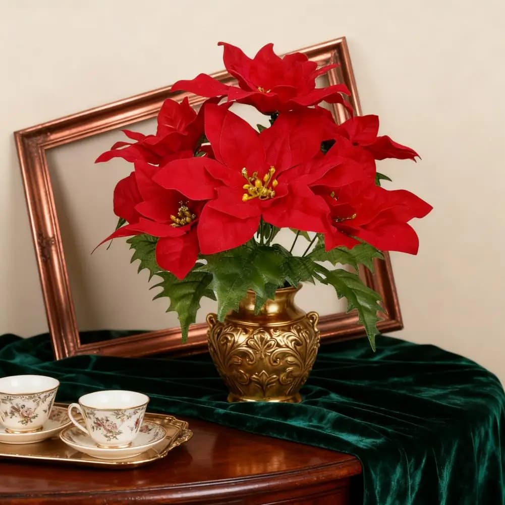 Artificial Plant Decor Flannel Christmas Fake Foliage Flower Plant with Green Leaves for Home Office Decor Simulated for Home