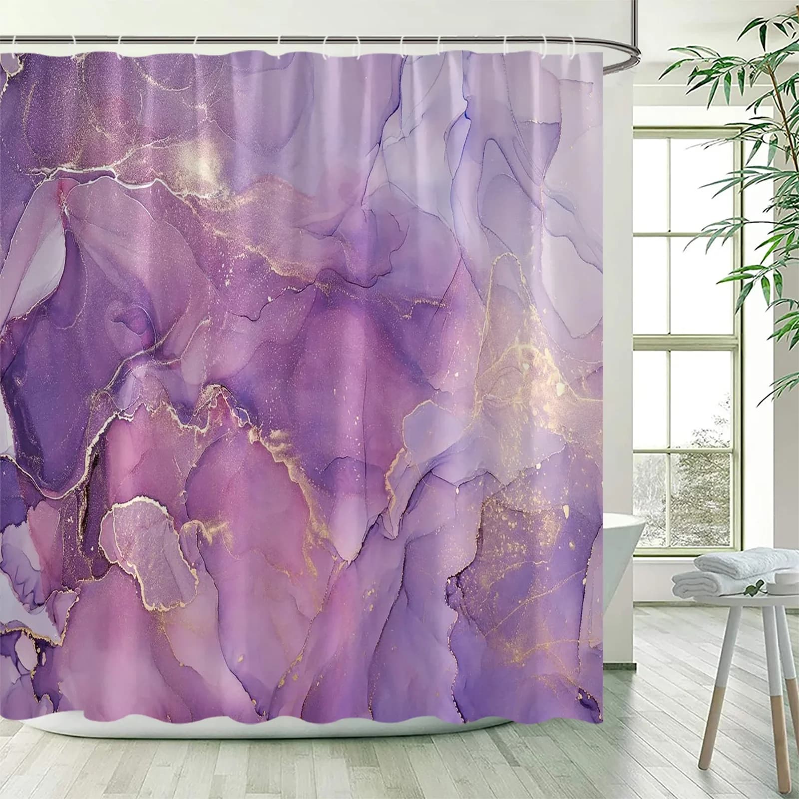 Tenda da doccia in marmo viola Tende da bagno in tessuto dorato lavanda astratta Set di decorazioni per il bagno di casa con inchiostro per acquerello moderno Ombre