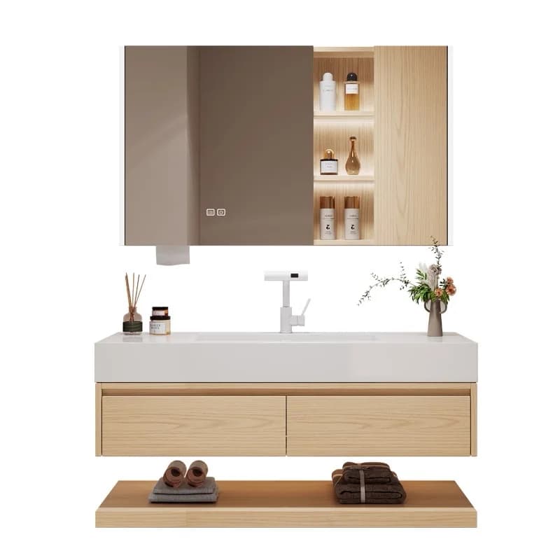 Mobile da bagno in legno naturale autunno/inverno con specchio a diodi emettitori di luce intelligenti e controsoffitti e lavabo in pietra sinterizzata