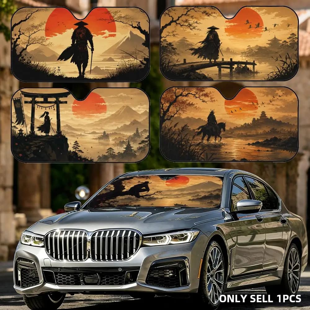 Japanese Samurai Painting Sun Visor Foldable Aluminum Foil Car Windshield Sun Shade - UV Protection & Heat Insulation Visor