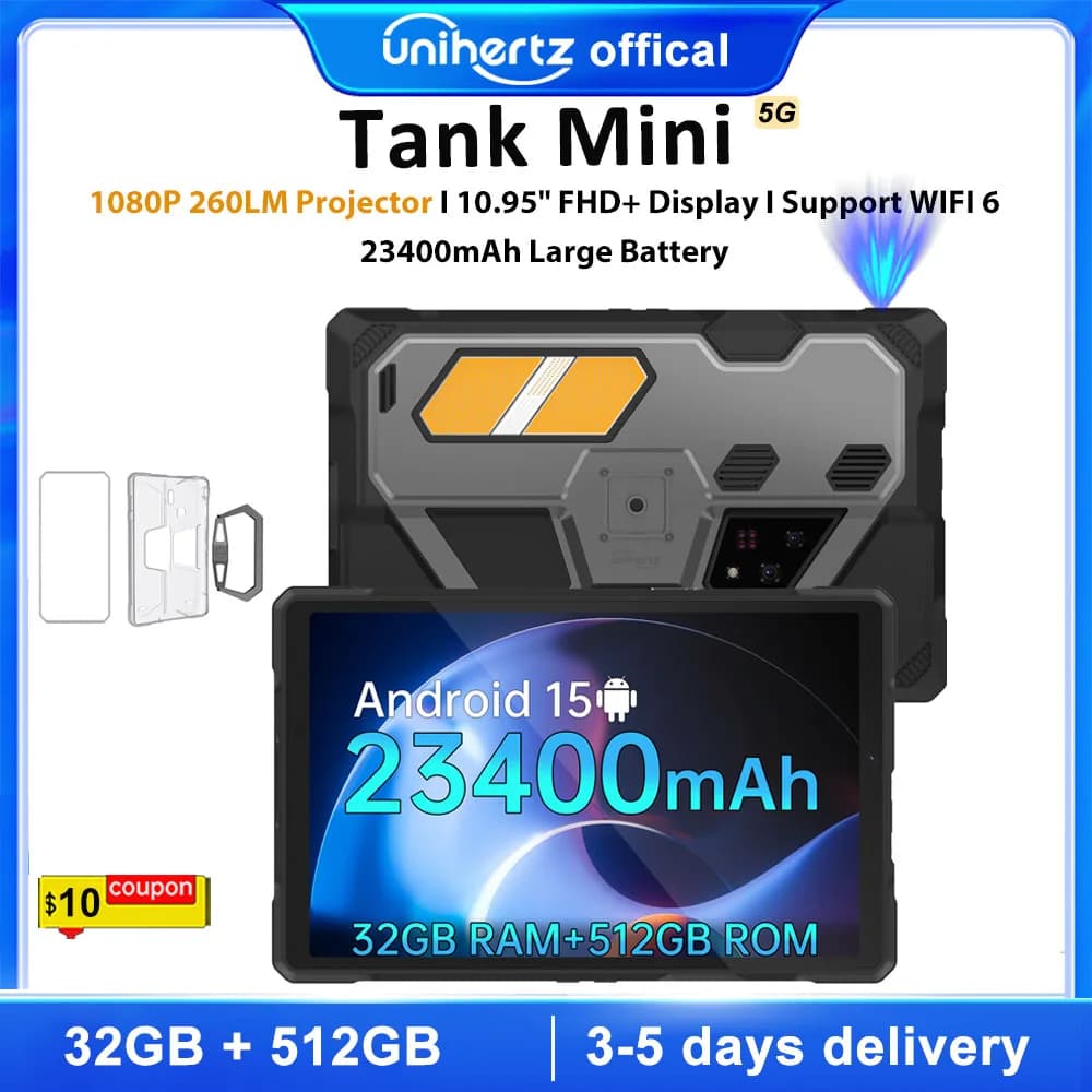 8849 Tank Pad Ultra Unihertz Rugged Tablet with Projector 260 Lumens 1080P 23400mAh 32+512GB Wifi 6 5G Android15 Dimensity 8200