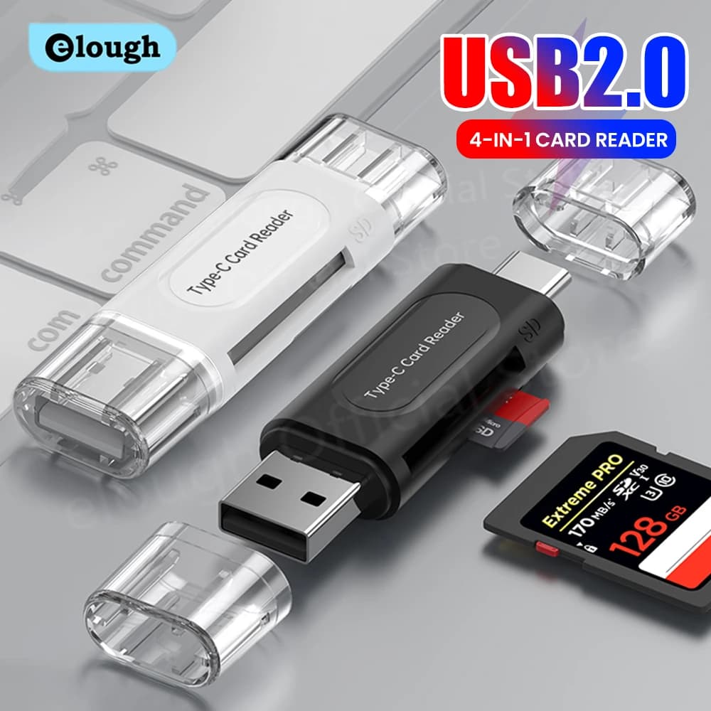 Elough Lettore di schede 4 in 1 Memoria TF Lettori di schede SD per iPhone 16 15 Laptop Adattatore per schede USB 2.0 Tipo C Trasmissione ad alta velocità