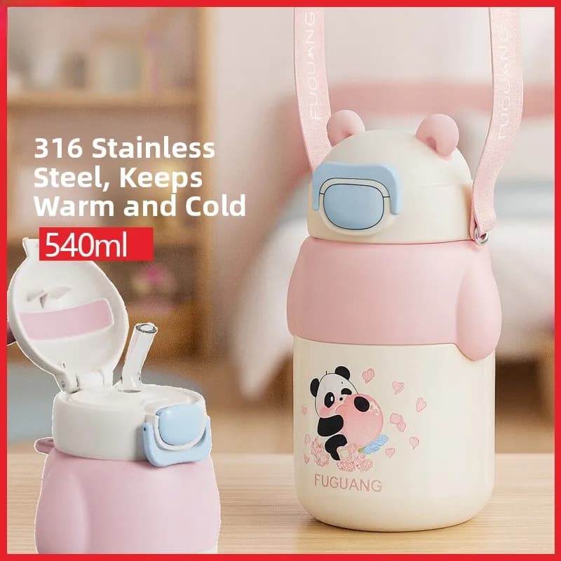 Borraccia Termica Fuguo 316 in Acciaio Inossidabile con Cannuccia, Simpatica Bottiglia d'Acqua a Cartone Animato con Coperchio a Scatto e Cordino, Tazza per Bevande per Bambini
