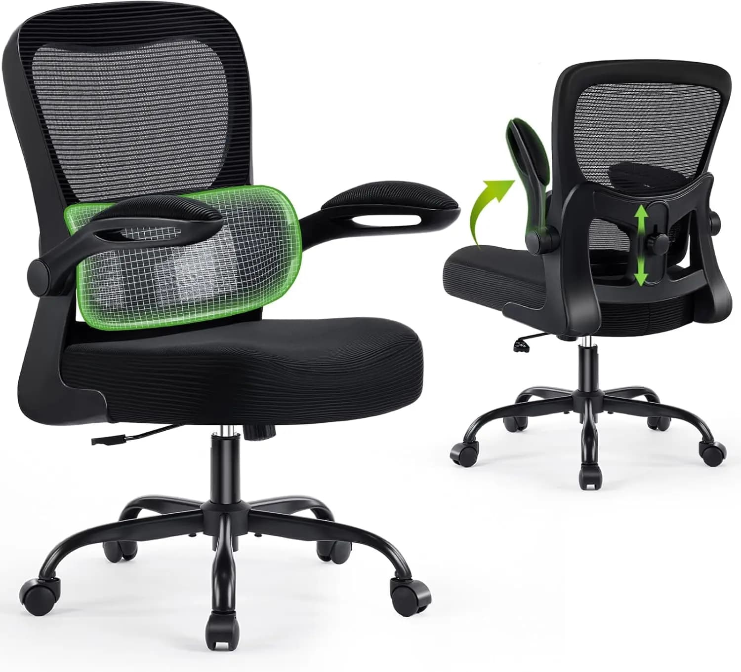 Ergonomic Office Chair with Adjustable Lumbar Support, Breathable Mesh, Flip-up Armrests, Swivel & Wheels for Home Work Gaming