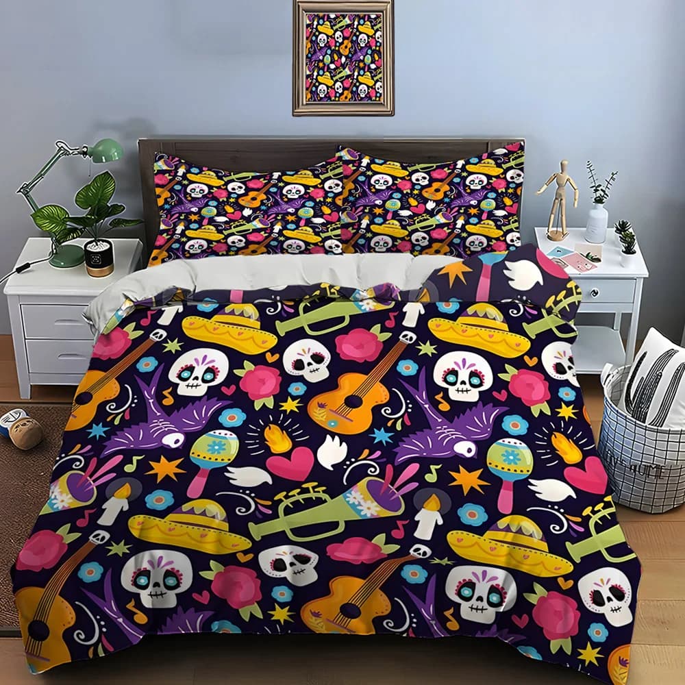 Set di biancheria da letto con stampa di chitarra teschio in stile messicano copripiumino 1 copripiumino 2 federe Set di biancheria da letto per adulti e bambini regali di lusso