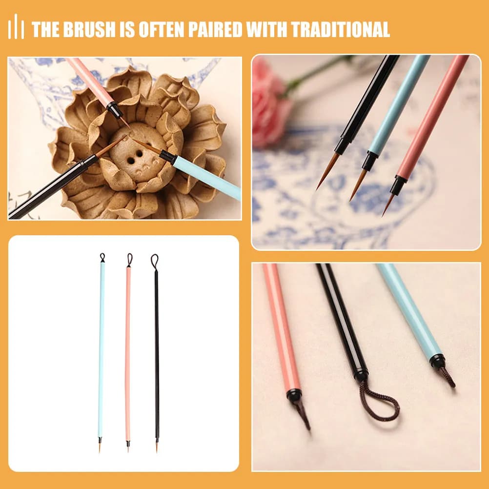 3Pcs Detail Paint Brush Set Fine Tip Nylon Bristles Plastic Handle for Chinese Painting Calligraphy Watercolor Line Art