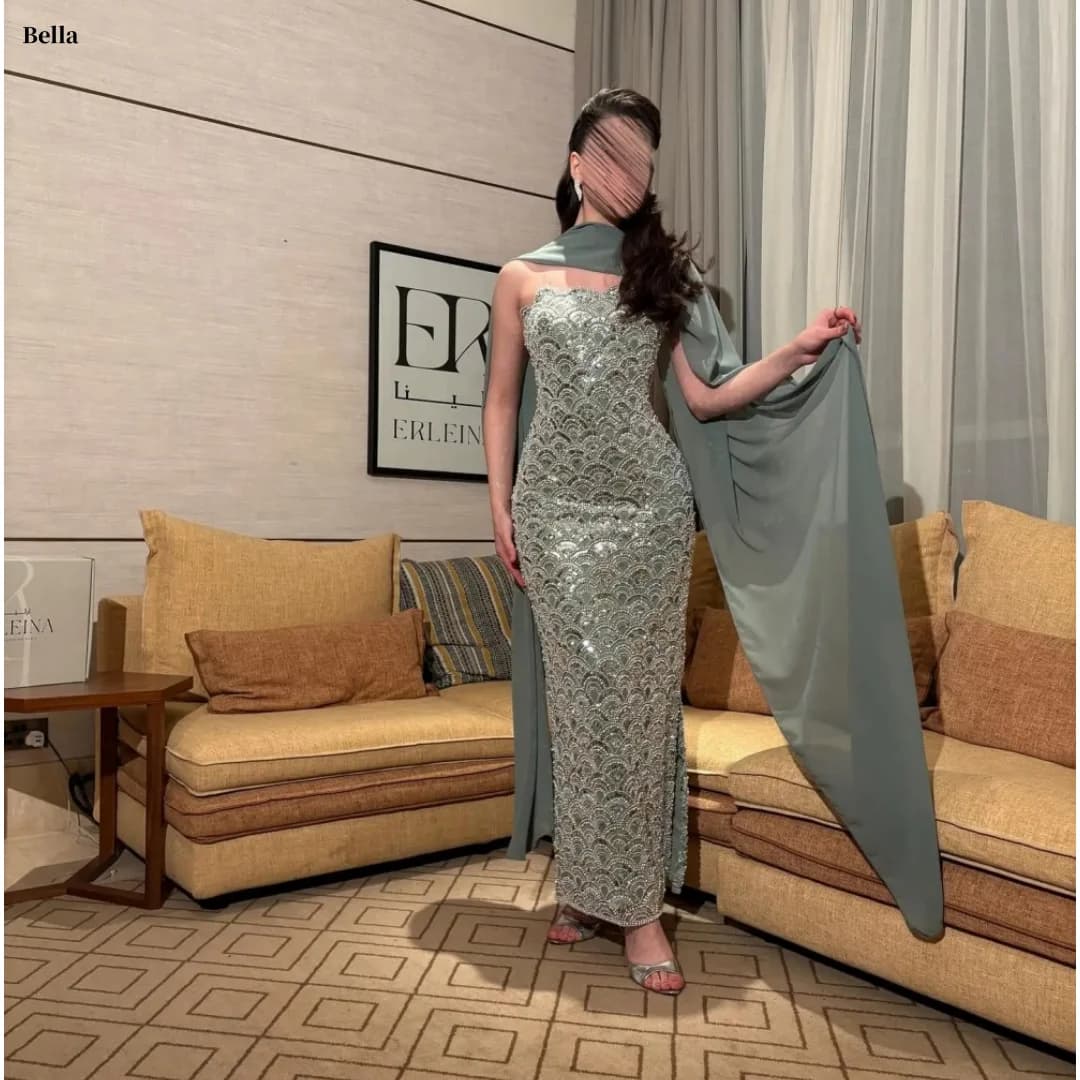 Bella Customized Sage Green Prom Dresses Sequin Beaded Mermaid vestidos de noche Strapless with Chiffon Cape Formal Evening