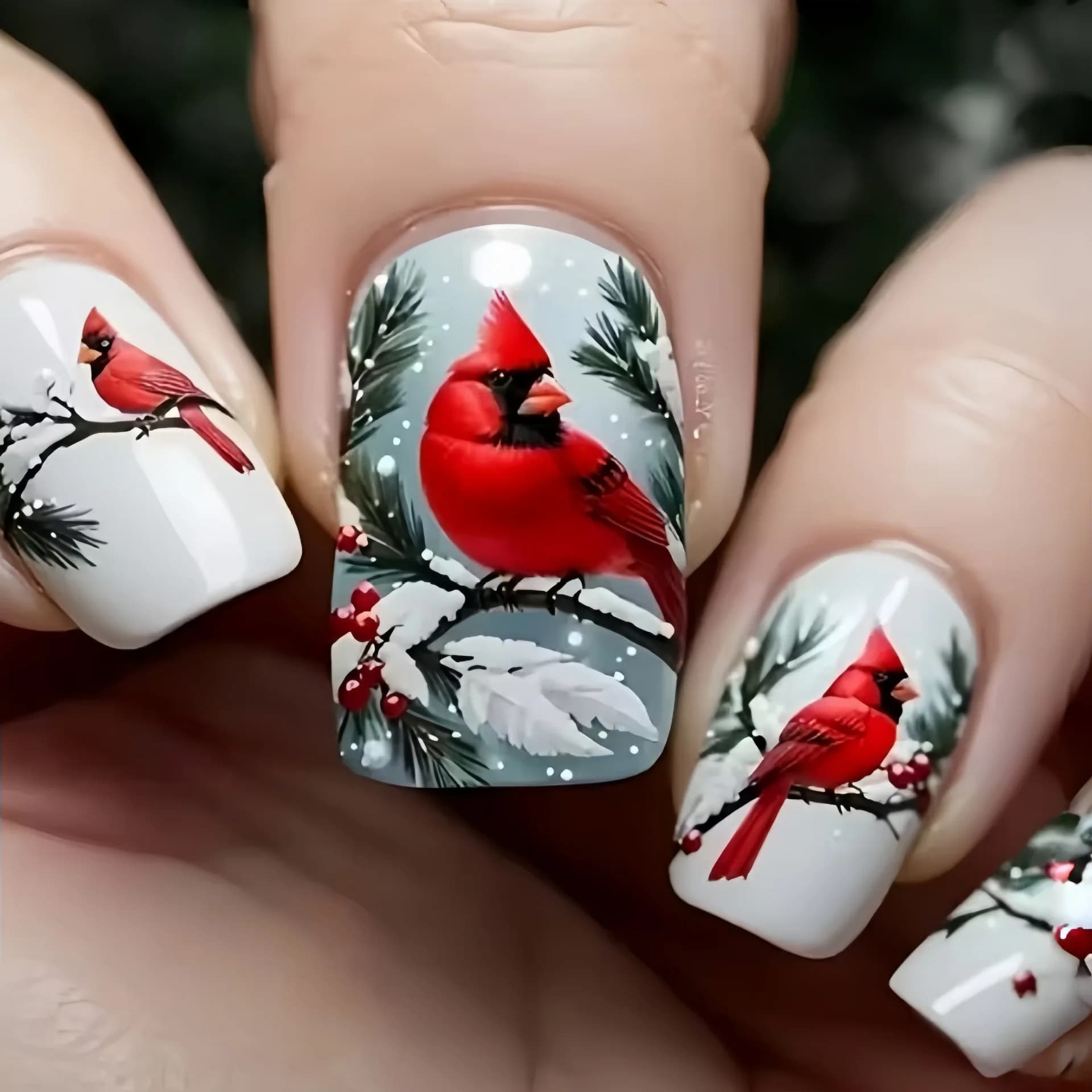 Average fake nails for women and girls, red birds, tree, golden green and black design, square nail tips, print on set of fake nails